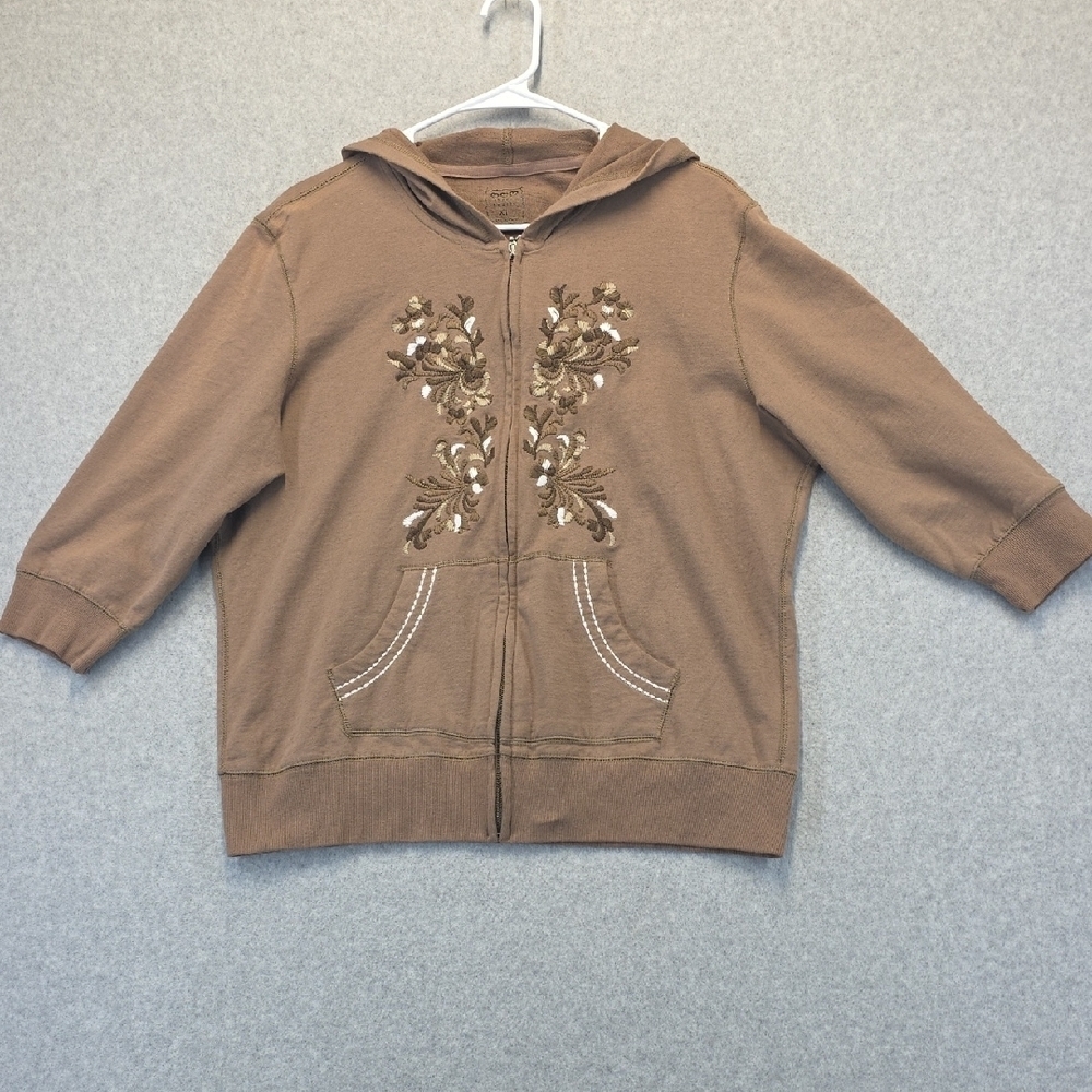 Three Hearts Women’s Zip Hoodie XL | Brown Embroidered Floral Hooded Sweatshirt